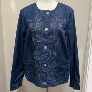 City Blues by Koret Blue Denim Jacket Size 14 Silver Embroidered Flower Front